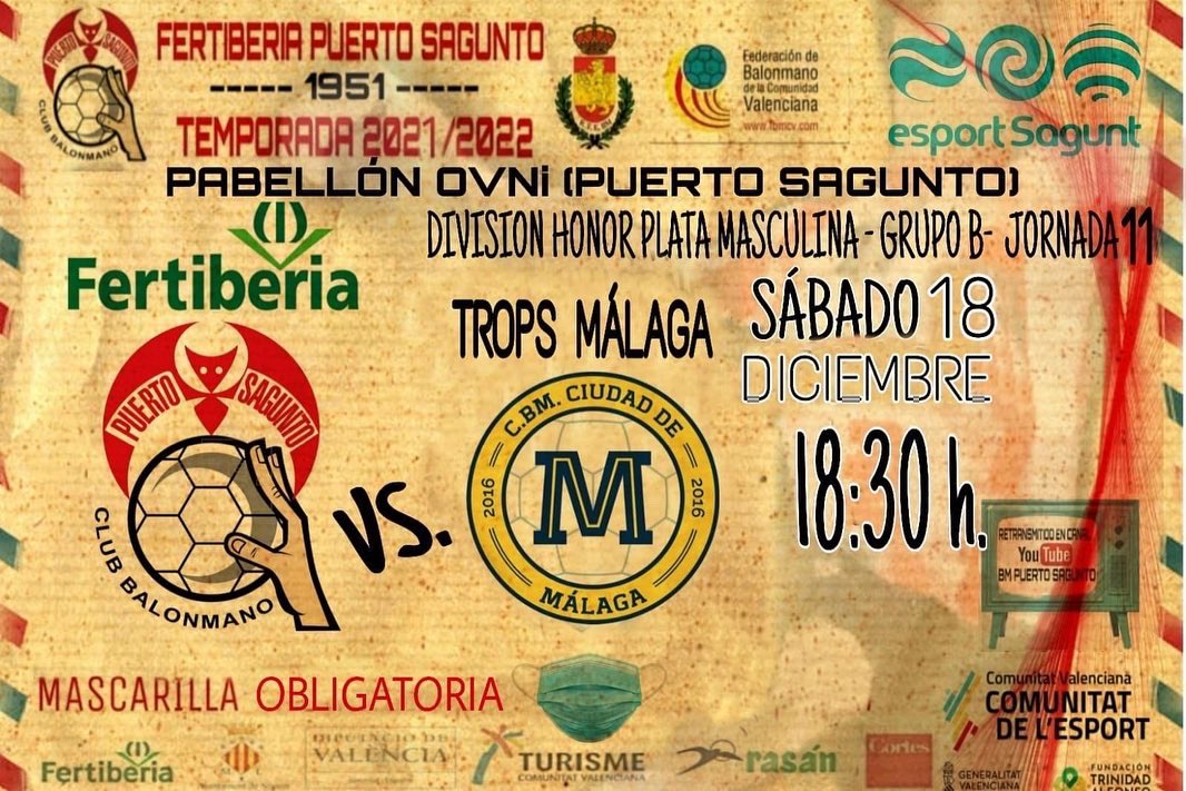 bmpuertosagunto's tweet photo. El sábado último partido del año en el ovni‼️

🆚 @BMCiudadDMalaga 
⏰ 18.30 horas
⭕️ Directo: Canal de Youtube oficial del club.

ℹ️ https://t.co/t5Gx1zNesM

#️⃣ #volveremos #vamospuerto #comunitatesport @comunitatesport @FTA_CV @grupofertiberia https://t.co/lODp68xWiE