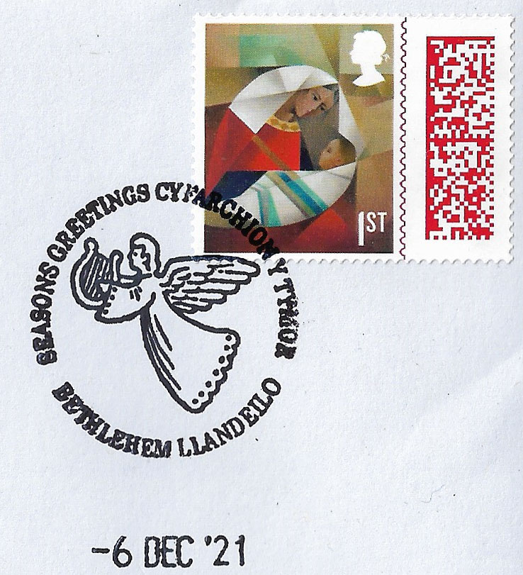 positivelypost's tweet photo. GB 2021 Christmas 1st class barcoded #stamp with Seasons Greetings Cyfarchion Y Tymor Bethlehem Llandello special #handstamp #stampcollecting #stamps #philately #Christmas https://t.co/RMAWijFCsT