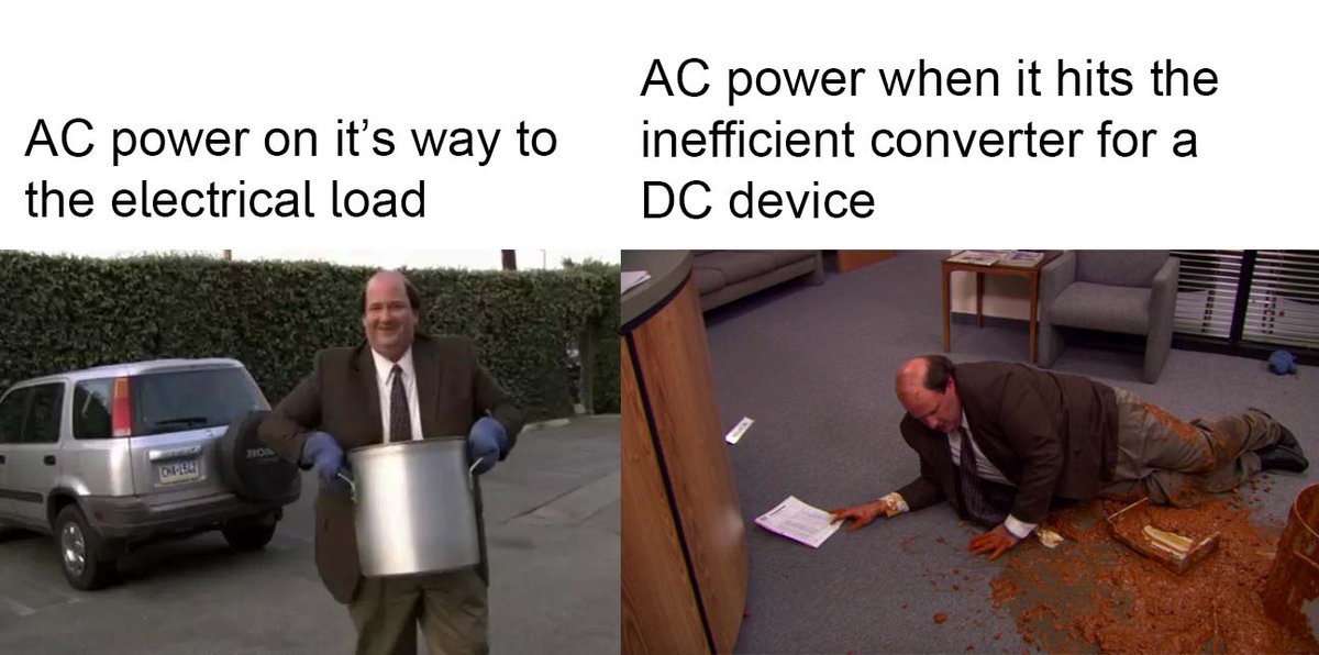 cencepower's tweet photo. Thinking about just sending this to anyone who doesn't understand the main benefit of DC power over AC power

#electricalmemes #officememes #innovation  #engineering #electricalengineering #engineeringmemes #engineeringjokes https://t.co/moH4nMVyLw