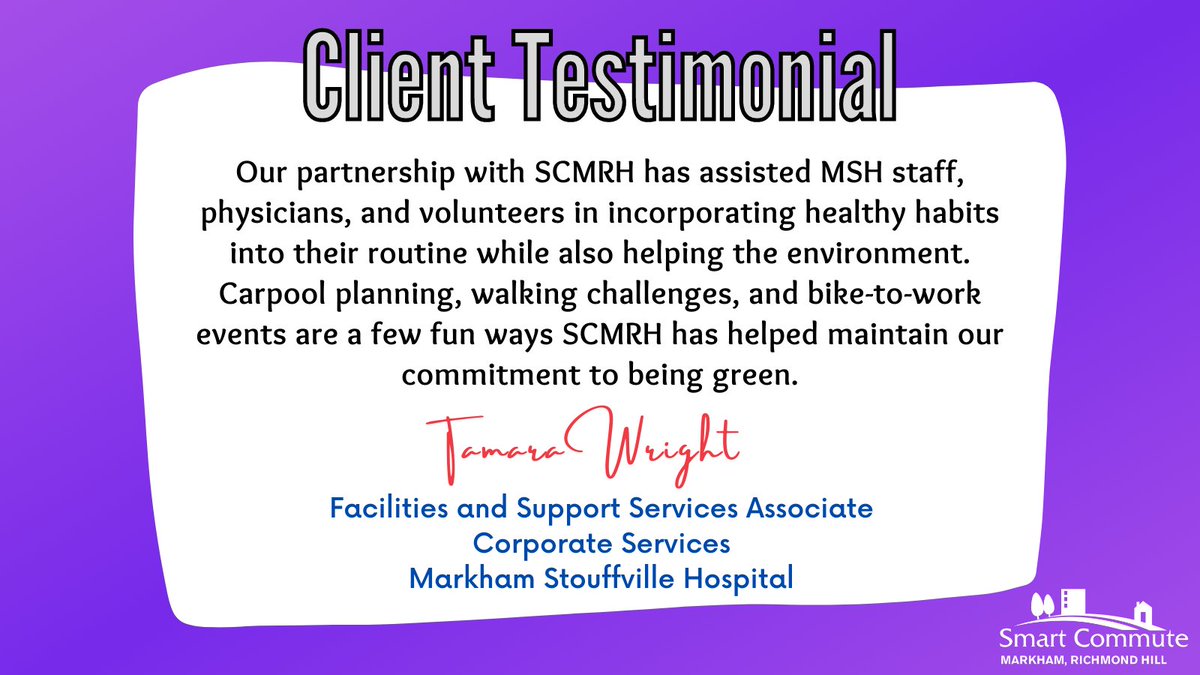 We’ve helped Markham Stouffville Hospital achieve its sustainability goals since 2007. Here’s what they had to say about our long-term partnership.

Interested in knowing more about the services we offer? Visit bit.ly/ServicePackage… or email us at info@smartcommutemrh.ca