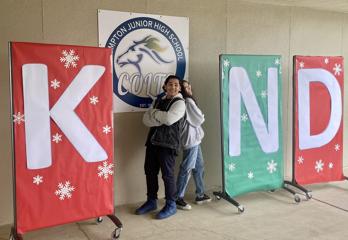 comptonJHS's tweet photo. Holiday Spirit Week at Compton! Our Mighty Colts had the opportunity to be the “I” in KIND at the holiday photo booth. Thank you to our Compton staff and students for spreading Kindness on campus. #mightycolts #heydudebenice #comptonkindnessweek #candycanes @Team_BCSD https://t.co/OwrS8XFIPI