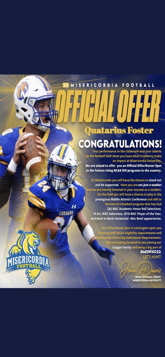 Qfoster11's tweet photo. After a great talk with @MisericordiaHFC I am blessed to have received my 1st offer to play the sport I love.@MUCougarsFB #MisWHO22 @ECGlassFB @coachporterWR @Coach_Mershman @Coach_Cottle 
@Coach_McCrann 
@CoachBWill1996 @ECGCoachWoody @ECGCoachJJ https://t.co/YQUaRtL6Vs