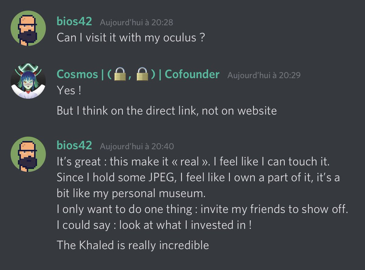 Cosmos_Pls's tweet photo. Reaction of @bios42, a team member, after visiting our Museum in the #Metaverse with his Oculus. 

This is priceless. I’m so proud of what we’re building. 

Take a minute and come discover it here : https://t.co/O6LhVI25lb… it works without Oculus too ☺️.

#NFTCommunity #NFTs https://t.co/3ujId4CxEz
