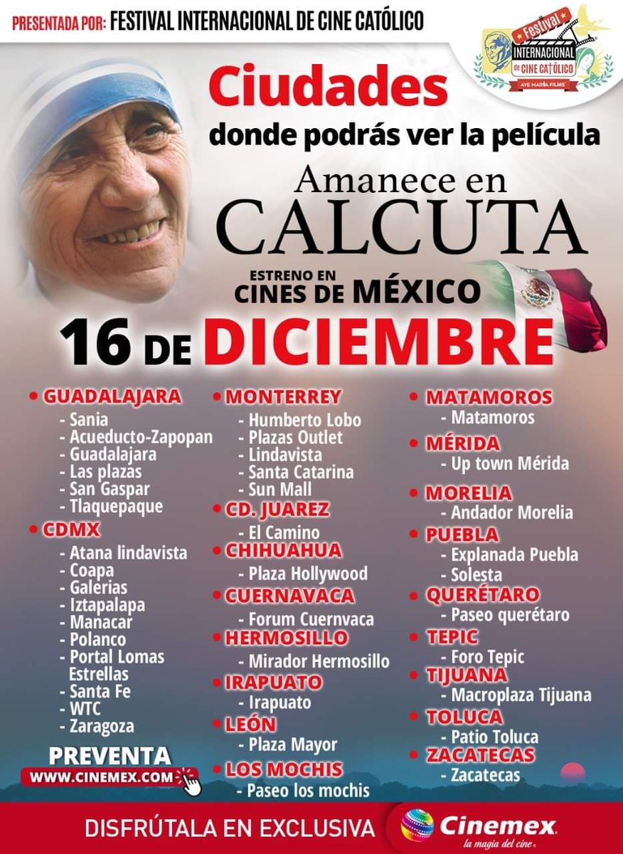 FNxFamilia's tweet photo. 🇲🇽 ¡Únete a la #RevolucionDeEsperanza! Asiste a la premier de la película #AmaneceEnCalcuta 🎥 en tu ciudad exclusiva en @Cinemex.
HORARIOS Y BOLETOS EN
⤵️🎟
https://t.co/pBS86n6ici https://t.co/pAszfbQDHi