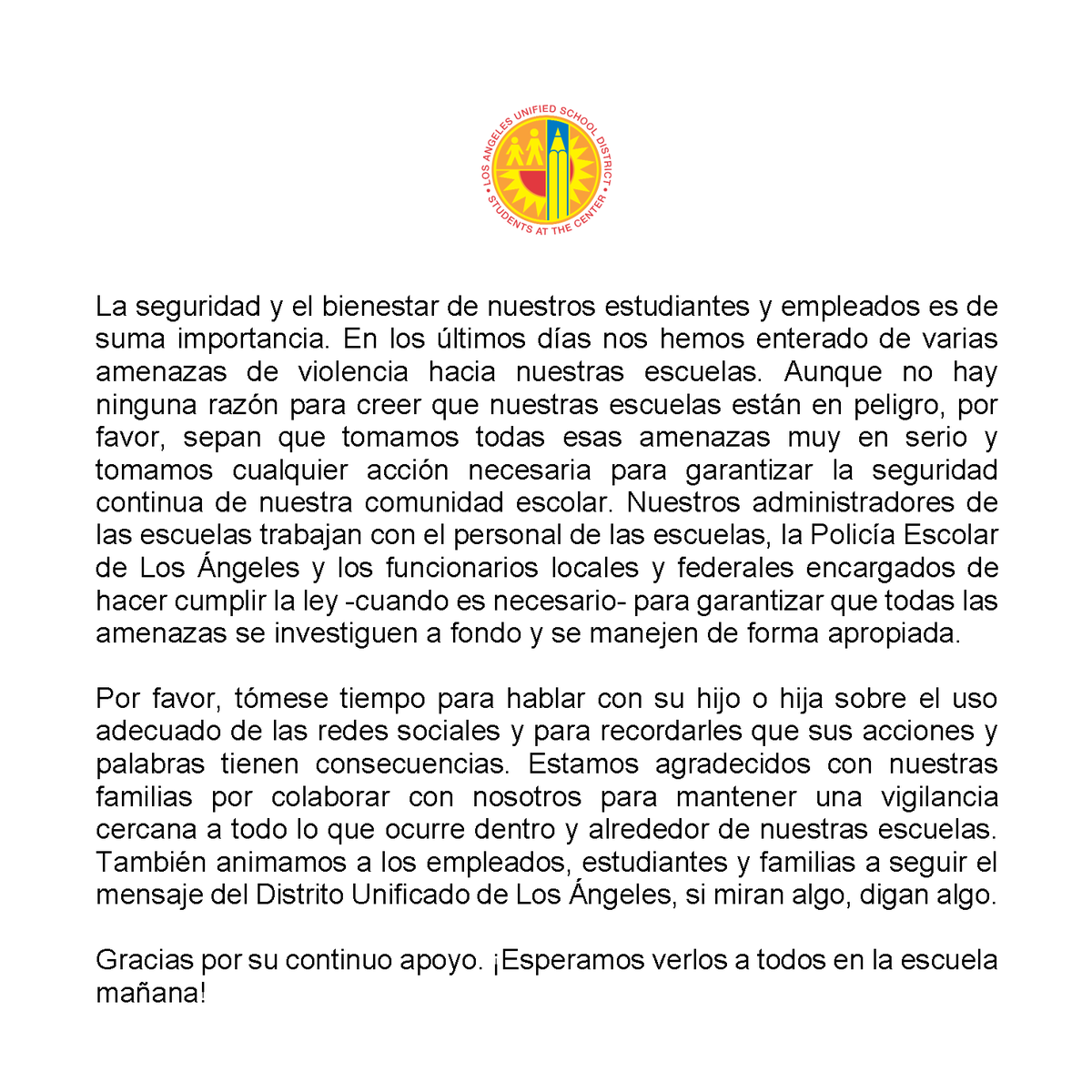 LASchools's tweet photo. Important message from @laschools regarding keeping our schools safe. We look forward to seeing everyone at school tomorrow! 
Mensaje importante del Distrito Unificado de Los Ángeles sobre cómo mantener nuestras escuelas seguras. ¡Esperamos verlos a todos en la escuela mañana! https://t.co/v2dt0X2v66