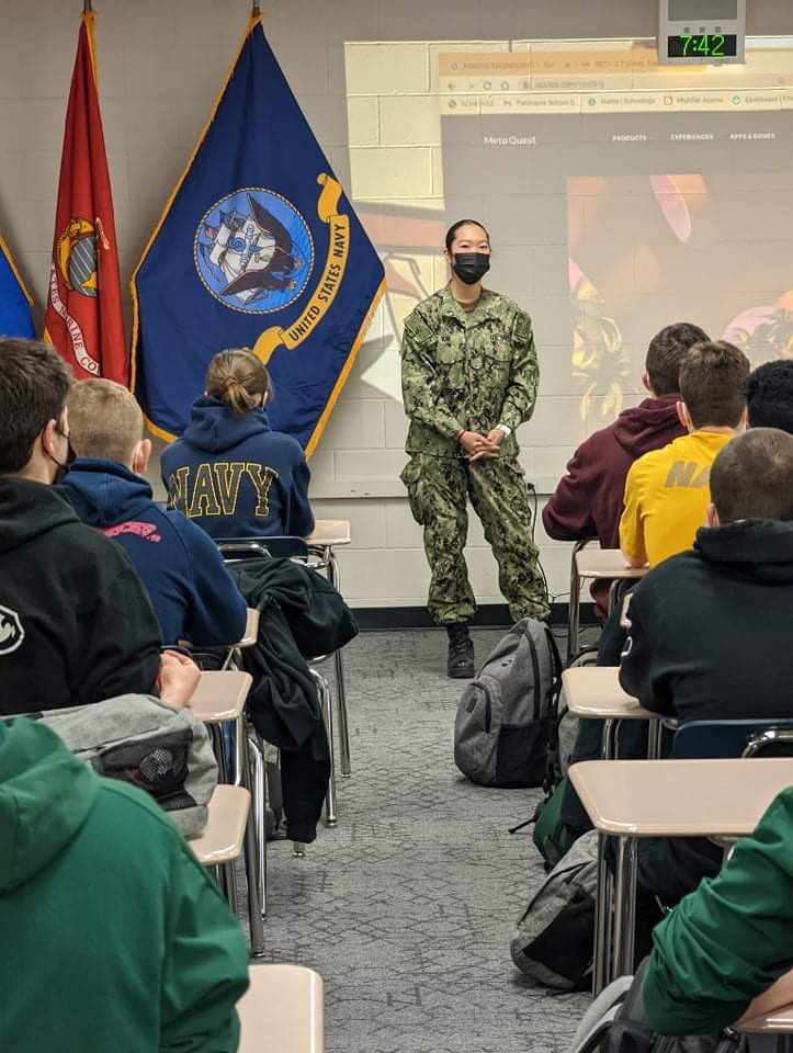 Great info to the students of #GigHarborHighSchool and #PeninsulaHighSchool today from Ashley Kim. Former student pursuing her degree and commission through the #NROTCscholarship  at @UCLA. @NavyPnw @USNavy @AmericasNavy #nrsportorchard #ntagpnw #UCLArotc #future #CollegeStudent