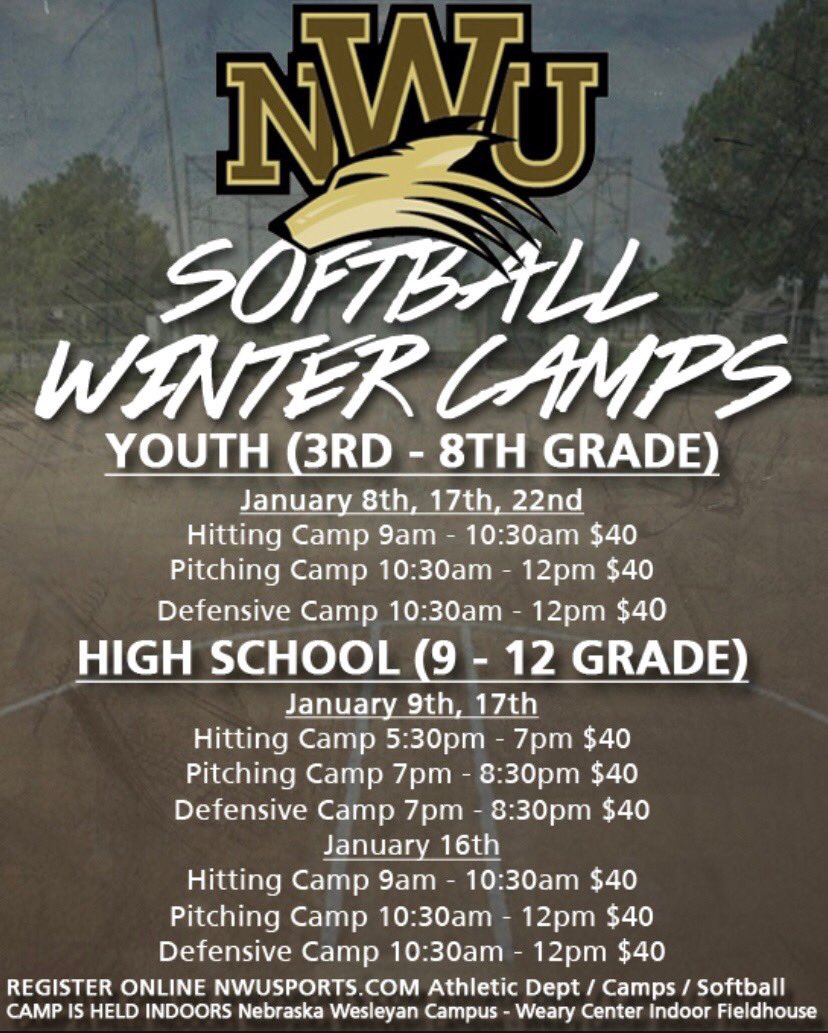 ANNOUNCING - Nebraska Wesleyan Softball Camps - January dates!

Register here➡️ nebrwesleyan.edu/student-life/a…