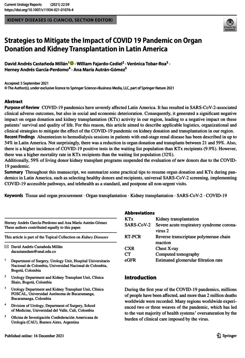 autran_anamaria's tweet photo. 🔬@CAU_URO 📝“ Strategies to mitigate the impact of COVID-19 Pandemic on Organ Donation and KidneyTransplantation  in #LATAM @SpringerUrology . Gran equipo @DavCastanedaM @herneygarcia @VeronicaTobar16 @williamrfajardo @autran_anamaria #SomosCAU https://t.co/2Vq2IIU7EX