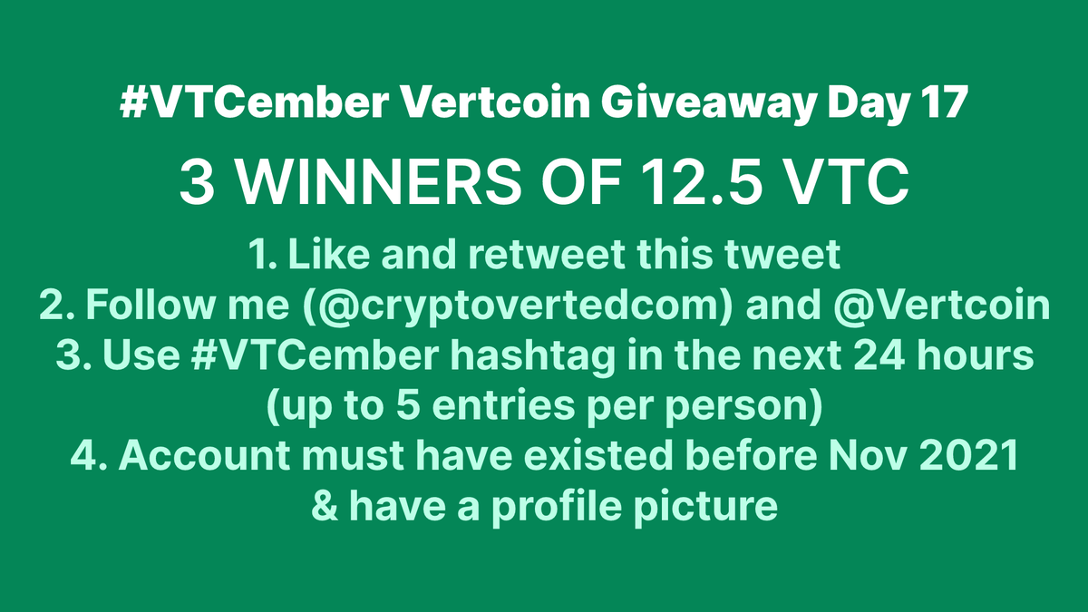 cryptoverted's tweet image. Day 17 of the #VTCember Vertcoin Giveaway!
3 WINNERS of 12.5 VTC!

- Like &amp;amp; RT this tweet
- Follow me (so I can DM) and @Vertcoin
- Use #VTCember hashtag in next 24 hours
- Up to 5 entries per person

#Vertcoin $VTC #VertArmy