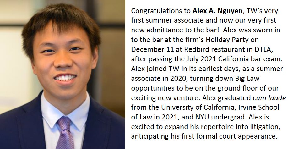 TittmannWeix's tweet photo. #TW welcomes its newest Associate, Alex A. Nguyen.

#NYU #UCIrvineSchoolofLaw #Insurance #InsuranceLaw https://t.co/br7W0zo4bb