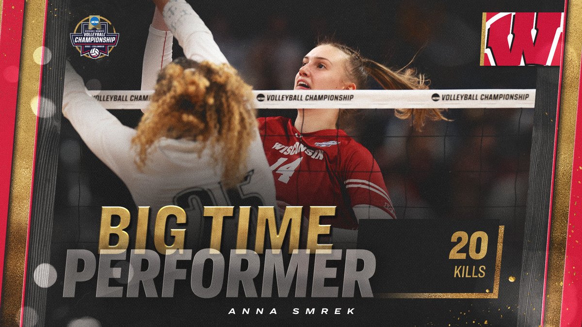 NCAA Women's Volleyball (@ncaavolleyball) on Twitter photo ✨𝕊𝕌ℙ𝔼ℝ𝕊𝕋𝔸ℝ 𝕊𝕄ℝ𝔼𝕂✨
<a href="/BadgerVB/">Wisconsin Volleyball</a> freshman <a href="/anna_smrekk/">Anna Smrek</a> balled out on the big stage and posted 2️⃣0️⃣ kills on .704 hitting to lead Wisconsin to the National Semifinal win.
#NCAAVB ✨𝕊𝕌ℙ𝔼ℝ𝕊𝕋𝔸ℝ 𝕊𝕄ℝ𝔼𝕂✨
<a href="/BadgerVB/">Wisconsin Volleyball</a> freshman <a href="/anna_smrekk/">Anna Smrek</a> balled out on the big stage and posted 2️⃣0️⃣ kills on .704 hitting to lead Wisconsin to the National Semifinal win.
#NCAAVB