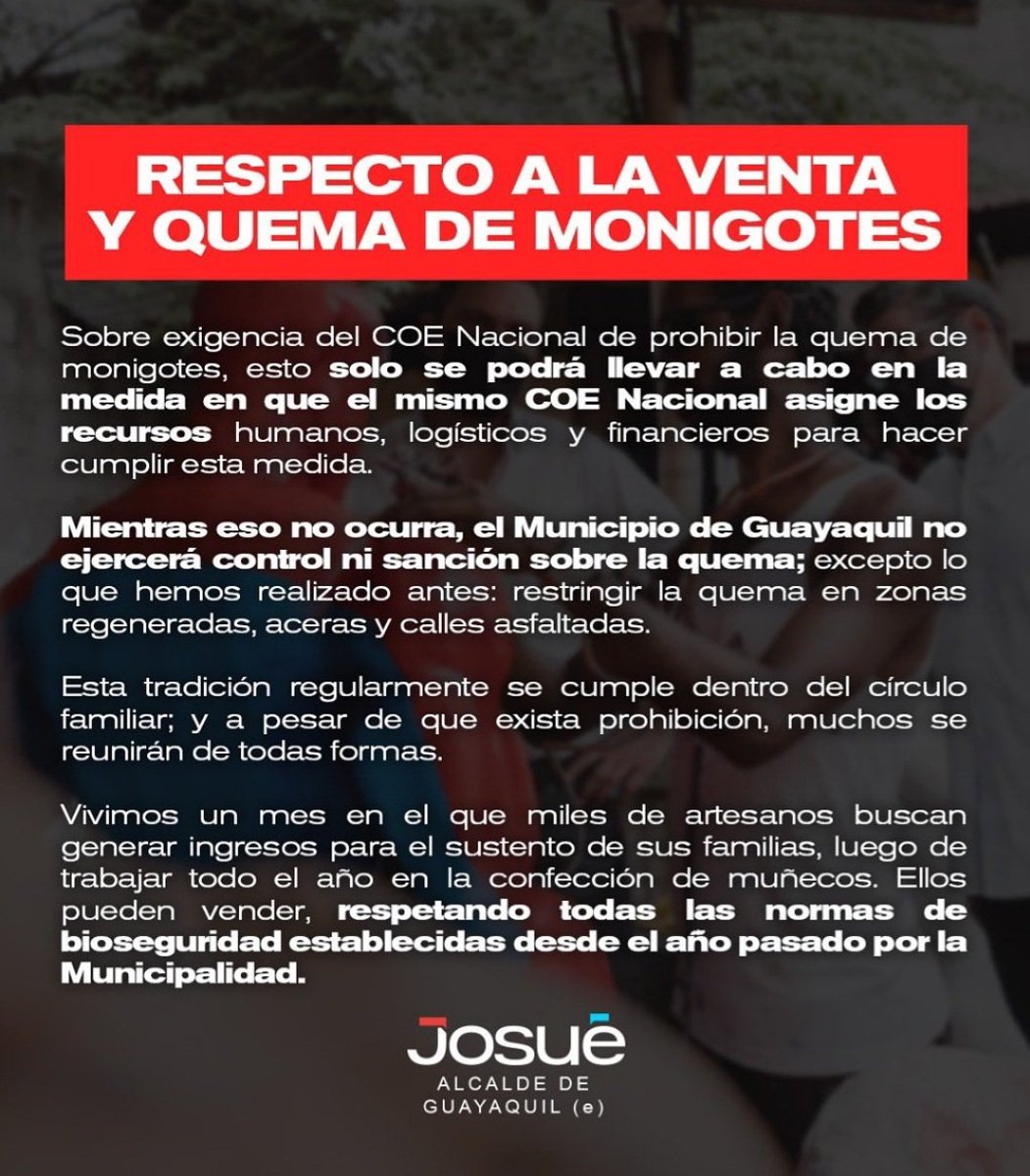 luisantonio_r's tweet photo. ATENTOS: Pronunciamiento de @alcaldiagye sobre petición del #COE nacional de prohibir quema de monigotes en fin de año @teleamazonasec https://t.co/oKS4cHcBwZ