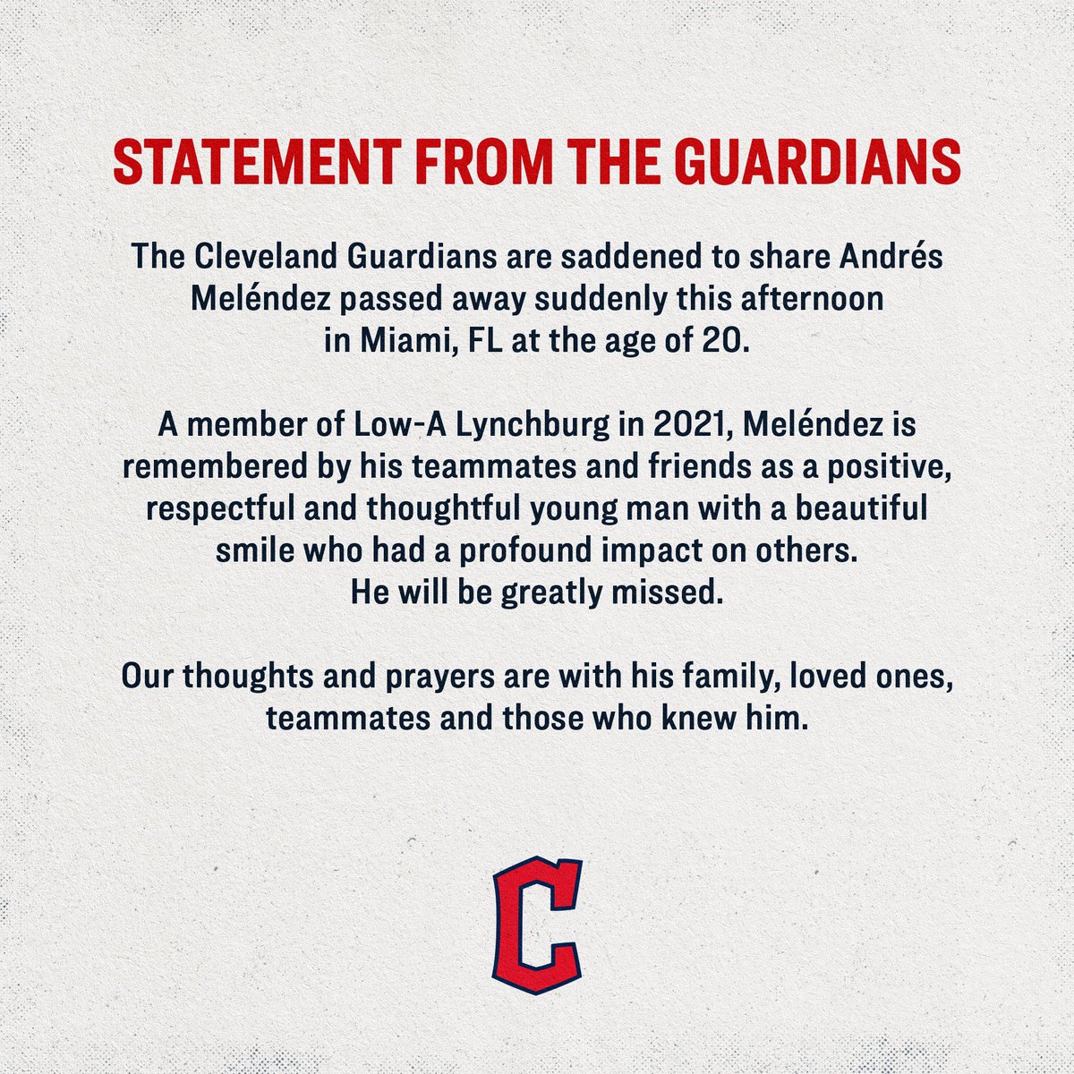 CleGuardians's tweet photo. R.I.P. Andrés Meléndez. Our thoughts and prayers are with his family, loved ones, teammates and those who knew him. https://t.co/ehyrF7C7df