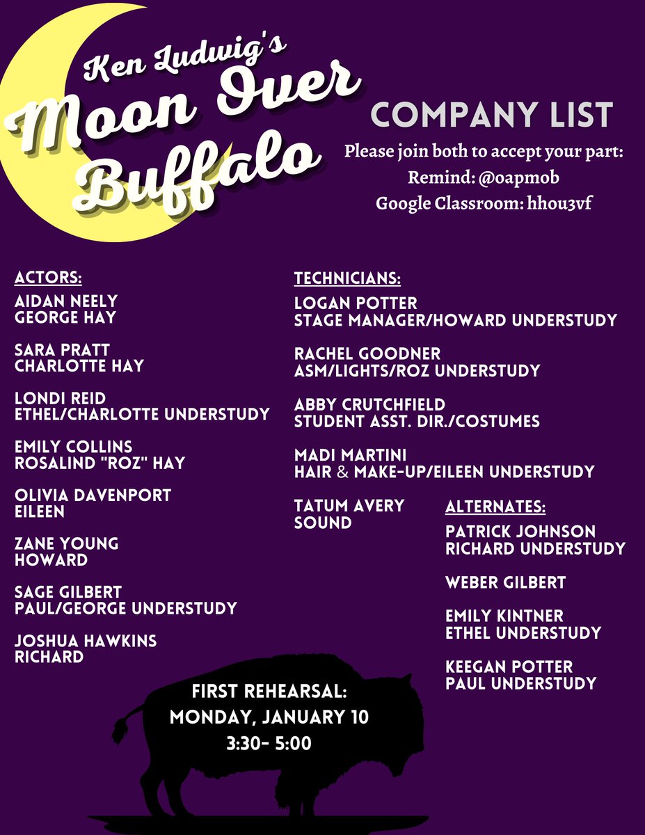 Thank you to all who auditioned and Congratulations to those in our 2022 One Act Play Company!