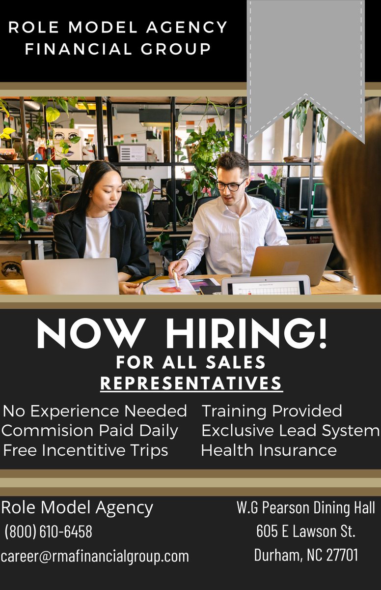 RMAFG's tweet image. Here at Role Model Agency, we strive for greatness in all things. Are you a motivated individual with a passion for sales? No experience is needed! rmafinancialgroup.com/contact.html #sales #noexperienceneeded #nowhiring, #joboffer, #jobsearch, #hiring, #recruitment, and #remoteworking