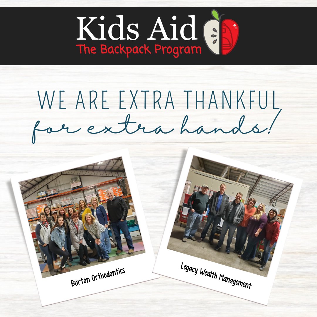 This week has been busy at Kids Aid. We are so thankful for the extra hands from some great folks in our community! Thank you Burton Orthodontics staff and Legacy Wealth Management staff. You were HUGE helpers and we appreciate you!
