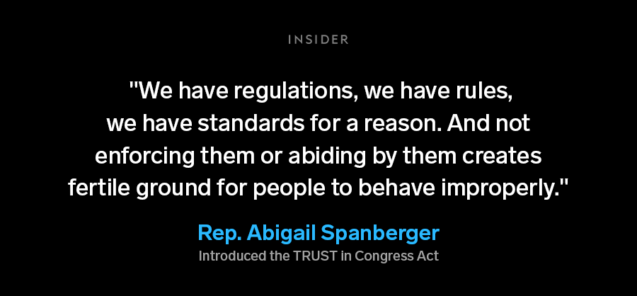 Text graphic featuring a quote from Rep. Abigail Spanberger, who introduced the TRUST in Congress Act, that reads, "We have regulations, we have rules, we have standards for a reason. And not enforcing them or abiding by them creates fertile ground for people to behave improperly."