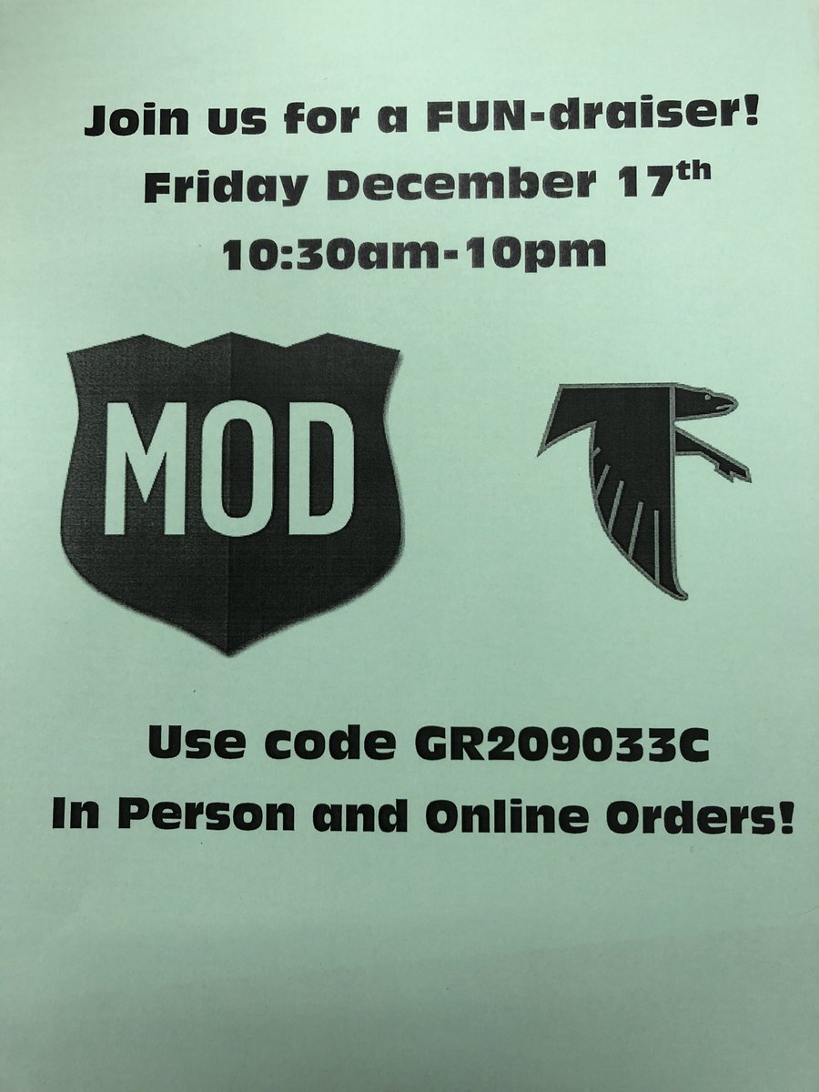 Hey #FalconNation! Looking for a quick &amp; easy meal tomorrow (12.17.21)? Stop by <a href="/MODPizza/">MOD Pizza</a> &amp; support the <a href="/CCMS_PSP/">Mrs.Glassford@CCMS</a>! All proceeds from this fundraiser will support our #CCMS students &amp; their activities! #FalconPride #ProudPrincipal <a href="/CCMSStudentLife/">CCMS Student Life</a> @MrGfulkerson <a href="/MrJohnsonCCMS/">Mr. Johnson</a>