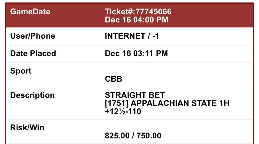 LetsMBGA's tweet image. 12/16 #FREEPLAY Thank you guys

#NFL #TNFonFOX 
$1500 #BoltUp +3.5 (avg line -127)

#CBB 
$1500 App St +12.5 1H (-110)

Let’s have a winning day 😎

Bet slips posted. From 2 different outs to stay under the radar 😎

#GamblingTwitter #NCAAB #FreePicks
