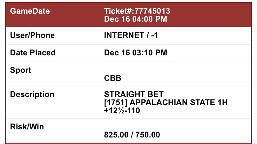 LetsMBGA's tweet image. 12/16 #FREEPLAY Thank you guys

#NFL #TNFonFOX 
$1500 #BoltUp +3.5 (avg line -127)

#CBB 
$1500 App St +12.5 1H (-110)

Let’s have a winning day 😎

Bet slips posted. From 2 different outs to stay under the radar 😎

#GamblingTwitter #NCAAB #FreePicks