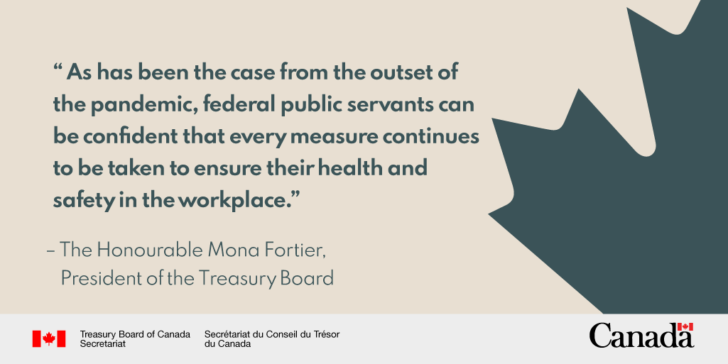 TBS_Canada's tweet photo. As the situation with #Covid19 evolves, #GC departments and agencies are asked to review worksite occupancy levels. 
For the latest statement from Mona Fortier, President of the Treasury Board, visit: https://t.co/XgNm9rNnz0 https://t.co/K9Mqsf16zw