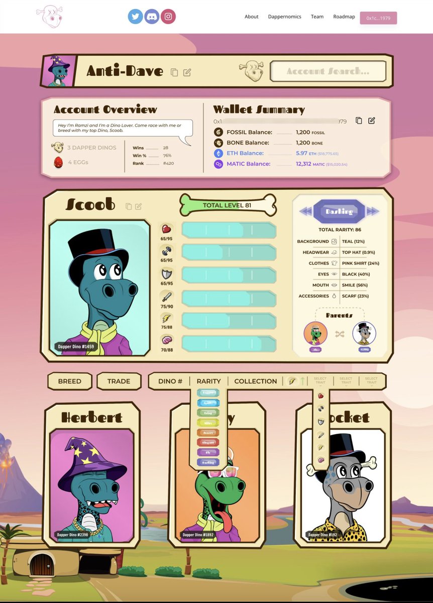 DEVS CAN YOU DO SOMETHING?!
Devs: Every Dino Holder gets a "social media page" where you can find about me, full genetics lineage, win rate, balances of your tokens, full stats breakdown, breeding, trading, and rarity all in one encompassing, easy to read format!☄️
@DapperDinoNFT