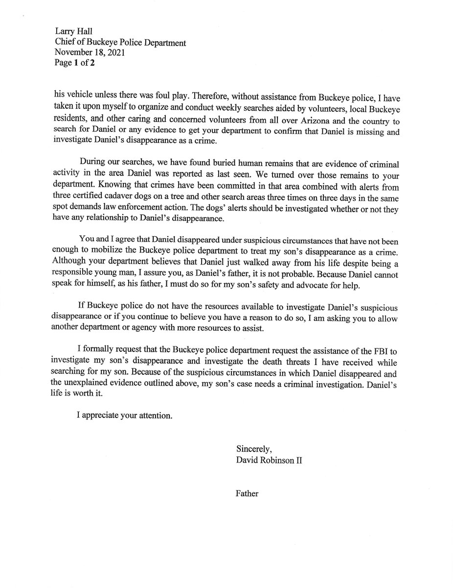 I wrote this letter requesting the FBI into my son's case. I later was told that they would be doing the case review. I requested to be a part of case review. That request went unanswered. Without me there, the FBI denied coming in because I am doing a better job as a father.🤔