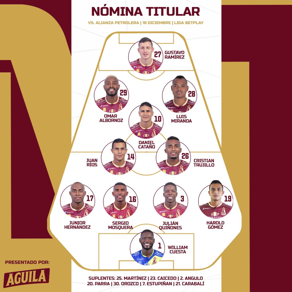 cdtolima's tweet photo. El 1️⃣1️⃣ titular del Deportes Tolima para enfrentar a Alianza Petrolera por la fecha 6 de los cuadrangulares semifinales. 

¡VAMOS MI TOLIMA! 🤎💛 https://t.co/zUas2K1qW2
