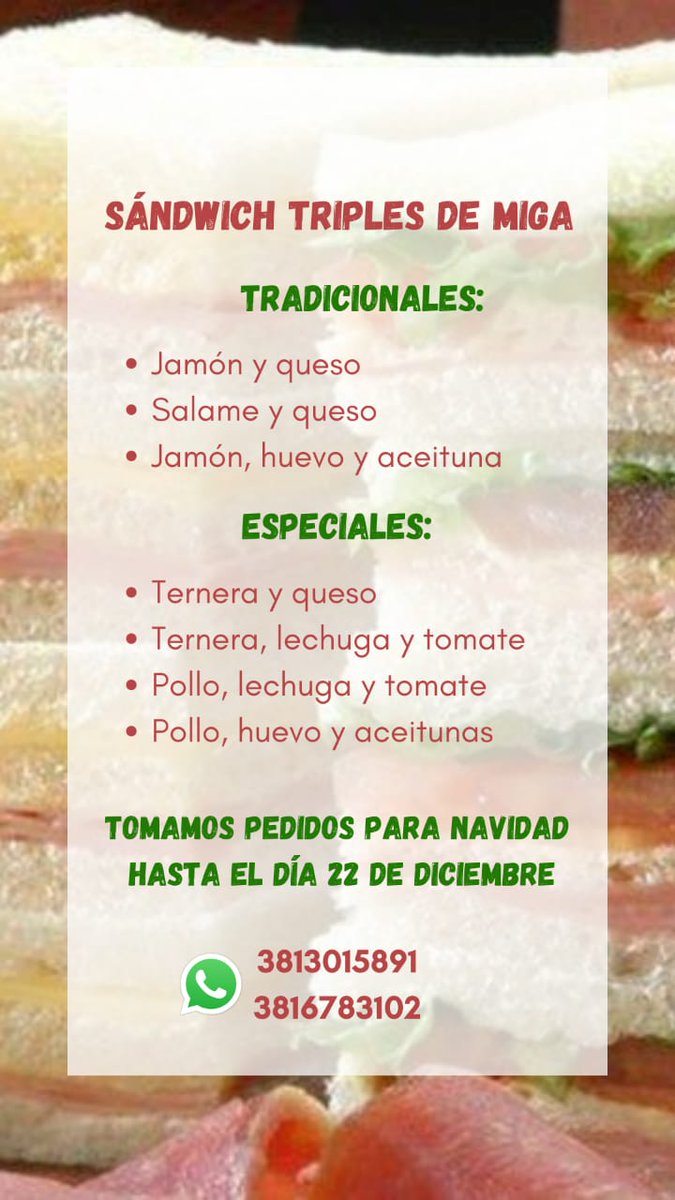 Hola! Voy a estar vendiendo sándwiches de miga para esta navidad. Cualquier cosa me preguntan. Y si pueden difundir porfa🙏🏼 muchas graciasss