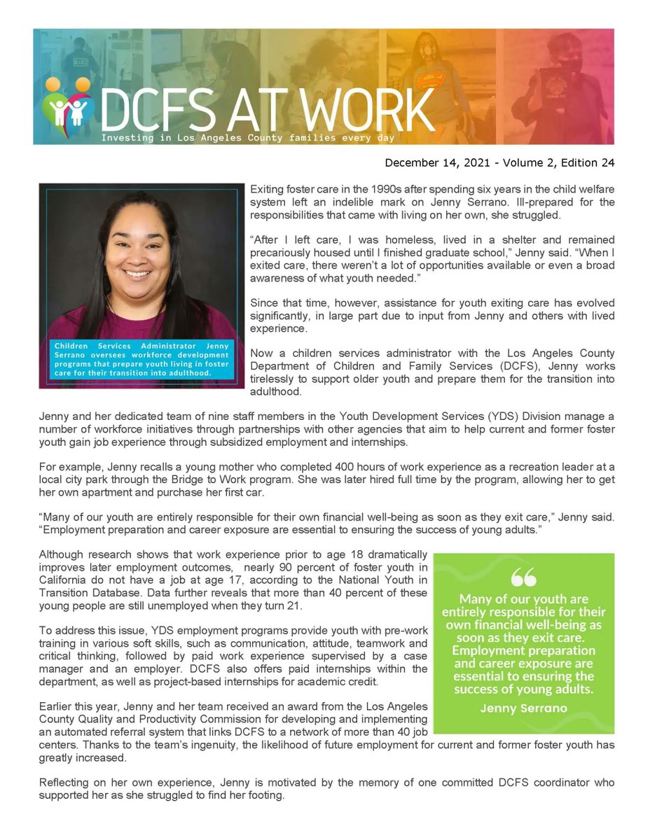 In this week’s DCFS at Work, meet Jenny, whose personal experience as a former foster youth fuels her passion to help current & former foster youth gain valuable job experience through the workforce programs that she manages along with her dedicated team. https://t.co/tEpifm1oIt https://t.co/F0mIqzPFe2