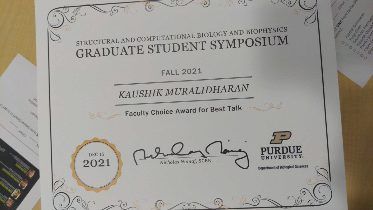 Congrats Kaushik  <a href="/KauzeeMurali/">kaushik.murali</a> on being voted faculty choice for best talk in the Purdue SCBB symposium!!!
