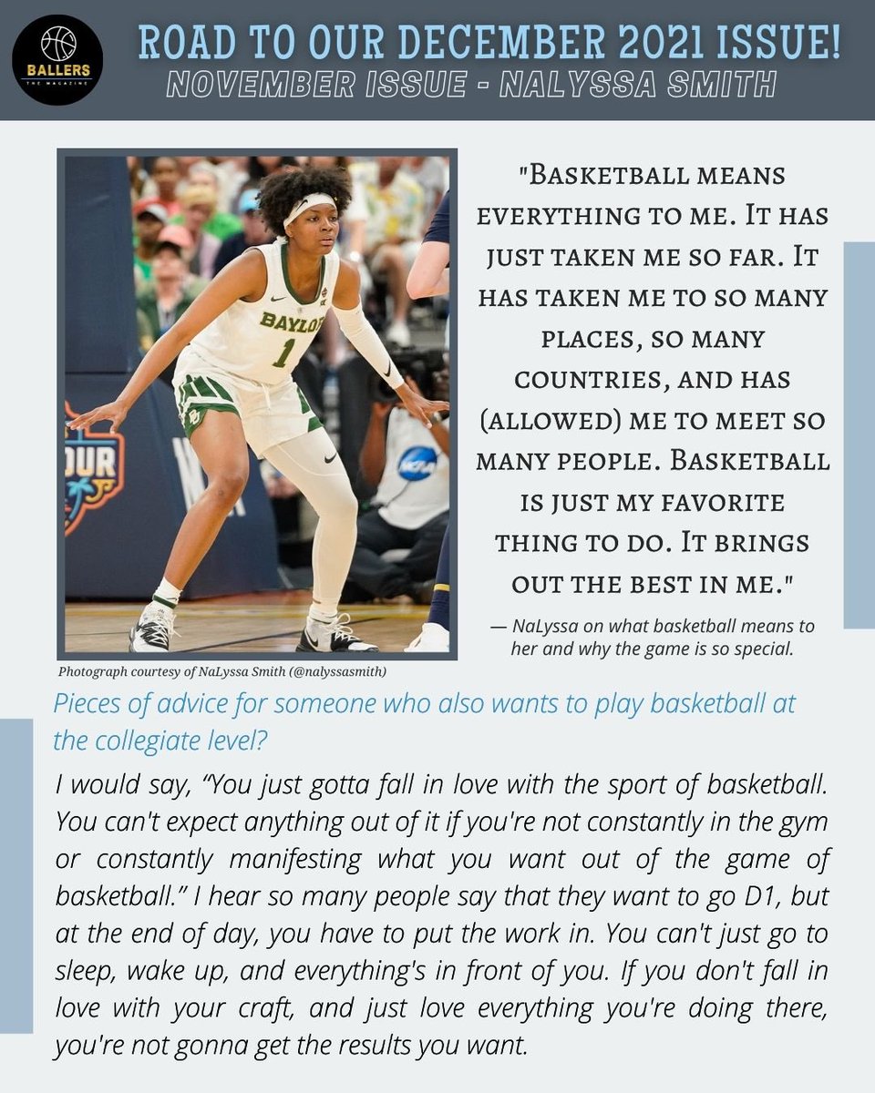 BallersMagazine's tweet photo. Embrace the process and cherish the journey🔑💯 

We wrap up the countdown to our December 2021 Issue with our favorite quotes and exclusives from our November edition!🏀💼💭

@NaLyssaSmith @kai_cierra #MichaelRaymond @grassrootshoops 

#TheBallersMagazine https://t.co/3kvZqNJSDl