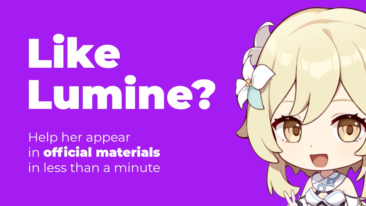 Sign a petition to add Lumine to official materials!

It's the 1st but most important step of our big project to make Mihoyo show Lumine. With thousands of us together +the press, they'll listen💪

forms.gle/8UyzecZ42aAY7d…

Sign &amp; retweet!
1/5
#GenshinImpact #Lumine #LumineProject