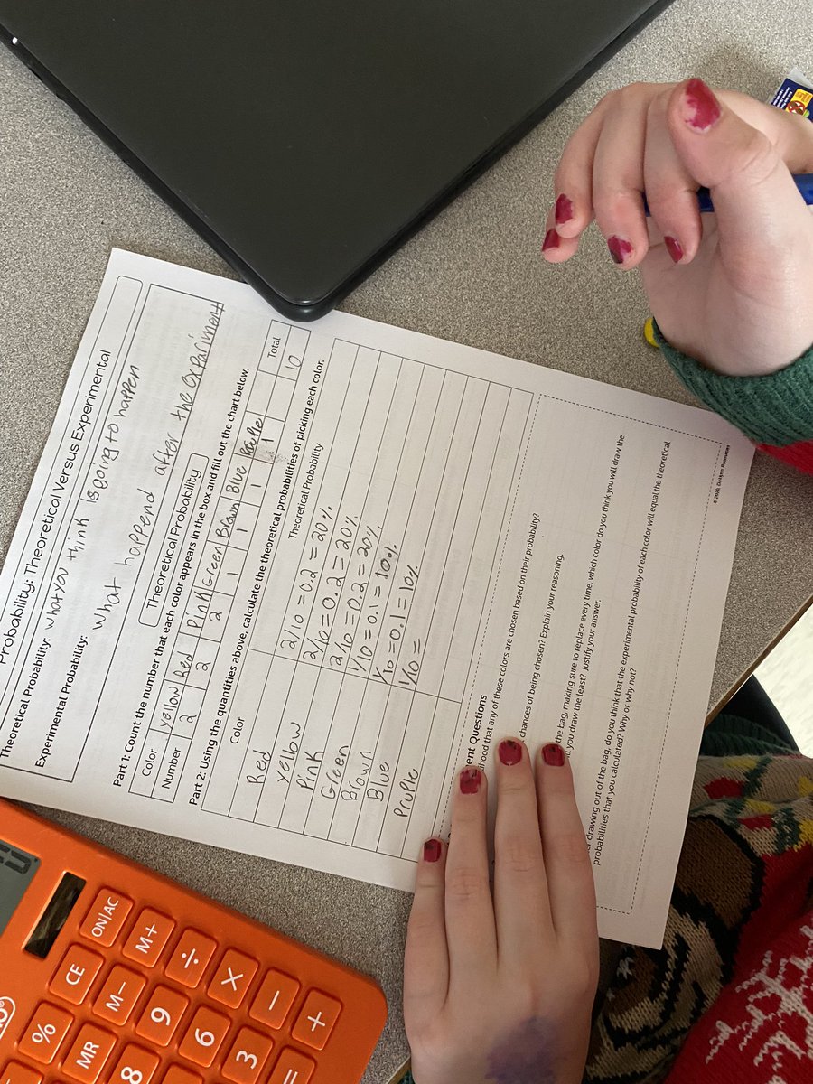 MsLongeway's tweet image. Solving theoretical probability of our smartie box today. They made predictions based off the percents calculated &amp;amp; then drew a smartie 20 times. They solved the experimental probability % &amp;amp; then compared. Finally, they got to eat their treat! @FenelonTownship #tldsbmath