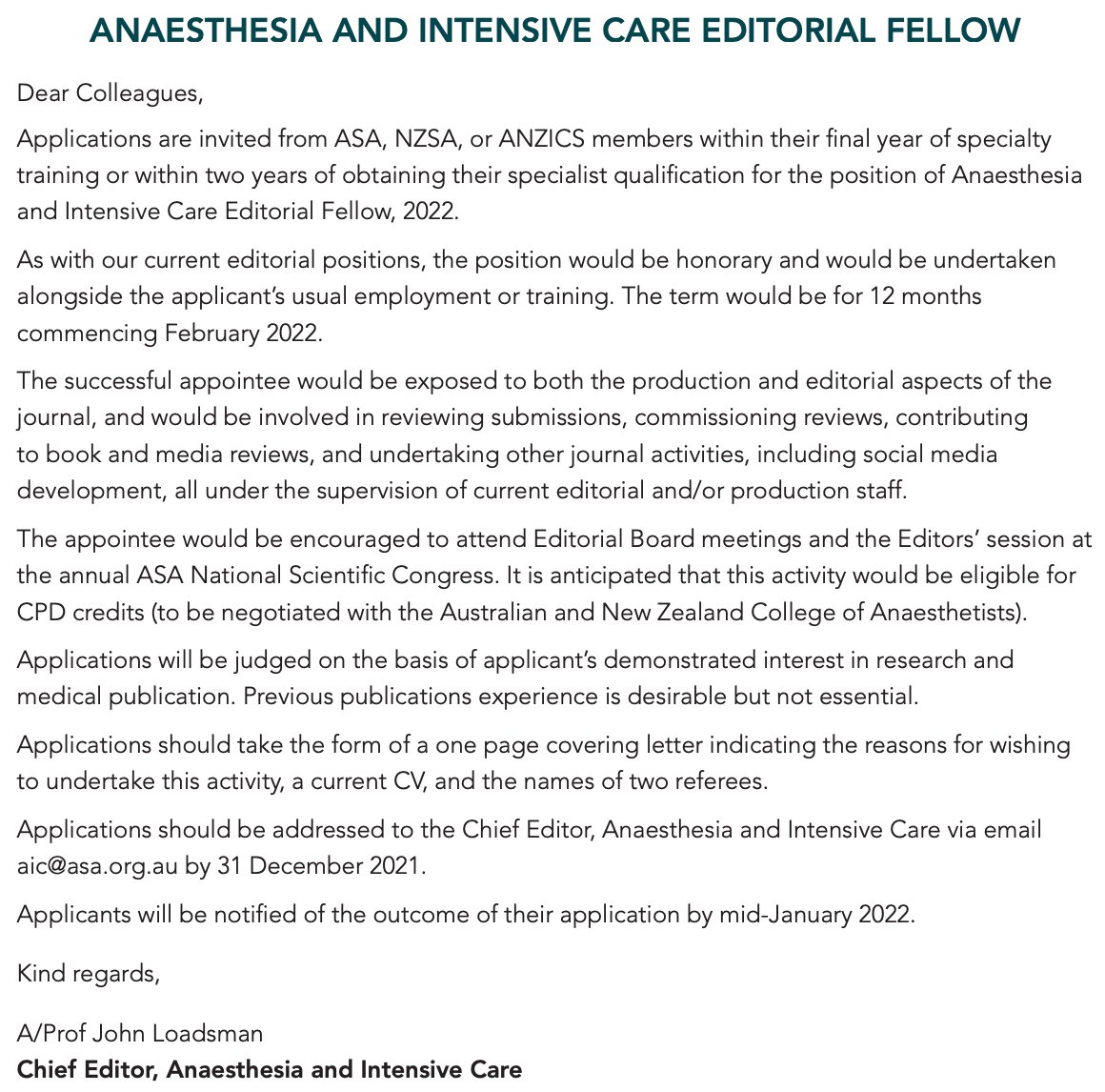 AICjournal's tweet photo. 📢 Still 2 weeks to apply to be the 2022 Anaesthesia and Intensive Care Editorial Fellow 📢
Great opportunity for #ANZCAtrainees, new @ANZCA fellows, or @CICMANZ trainees/fellows
@ASA_Australia @anzics https://t.co/rWSzW2fXOR
