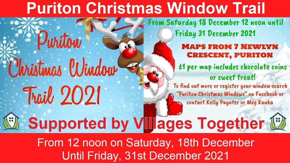 Villages Together #BigLocal is delighted to support the Puriton #Christmas Window Trail which takes place from Saturday 18th to Friday 31st December
To find out more or register your window search for “Puriton Christmas Windows” on Facebook or contact Kelly Paynter or Meg Kanka !