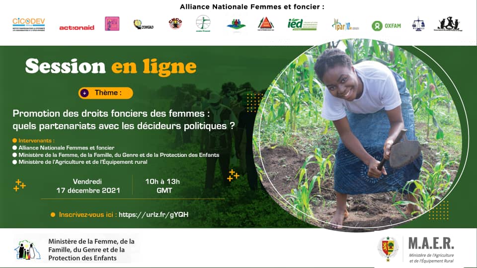 L'alliance #Femmes et #Foncier organise un webinaire ce vendredi 17 décembre à partir de 10h sous le thème :Promotions des #droits fonciers des femmes: quels partenariats avec les décideurs politiques ?

Lien pour suivre la rencontre sur ligne: bit.ly/3saKR3y