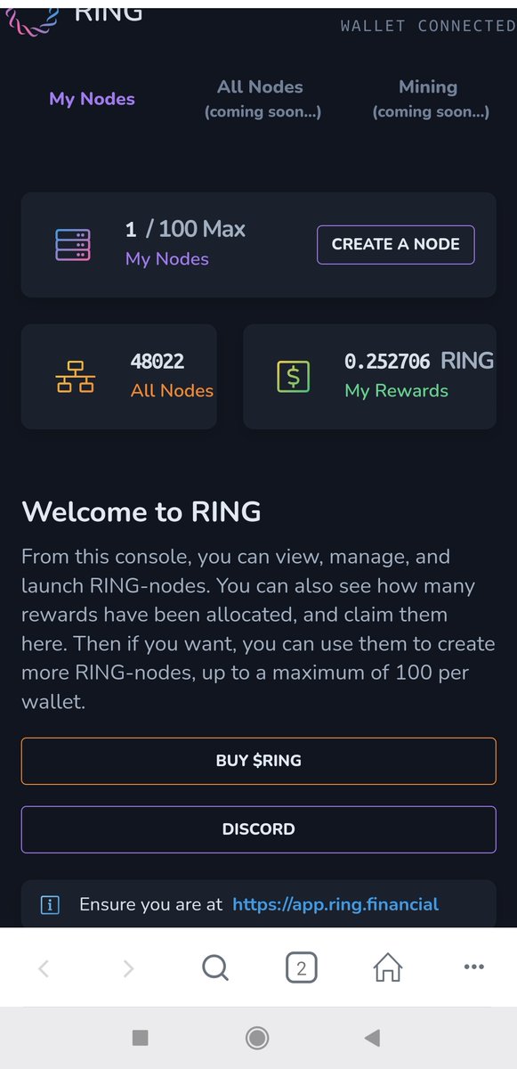My  1 RING-nodes reward me 0.556 $RING daily!
 
If you want to create your RING-nodes and earn daily rewards too, follow @RINGFinancial and get started here: app.ring.financial !
    
 #RINGNodeArmy