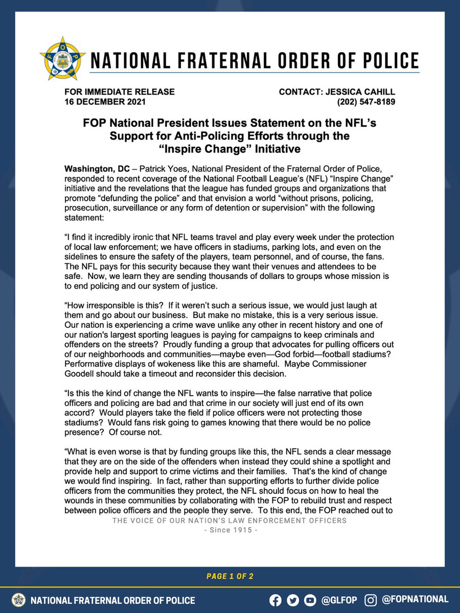 GLFOP's tweet image. The @NFL wants to “Inspire Change” by funding groups that want to #DefundThePolice and envision a world without prisons and police. Performative displays of wokeness like this are shameful. Maybe Commissioner Goodell @nflcommish should take a timeout and reconsider this decision.