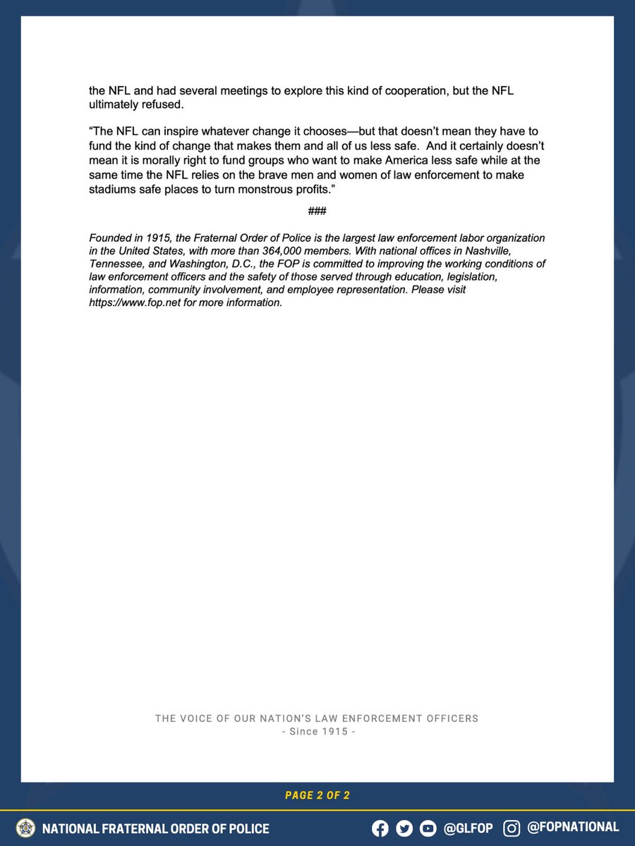 GLFOP's tweet image. The @NFL wants to “Inspire Change” by funding groups that want to #DefundThePolice and envision a world without prisons and police. Performative displays of wokeness like this are shameful. Maybe Commissioner Goodell @nflcommish should take a timeout and reconsider this decision.