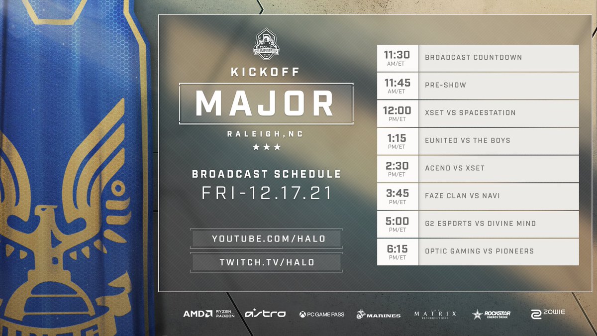We're starting off the <a href="/HCS/">Halo Esports</a> Kickoff Major action with Pool Play starting at 9am PT / 12pm ET!

Check out the full Friday Broadcast schedule below👇 and let us know what match you're looking forward to the most!

Twitch.tv/Halo | Youtube.com