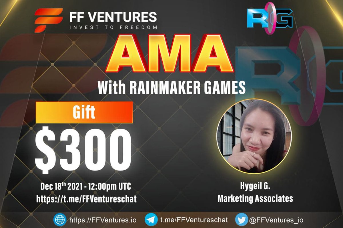 ffventures_io's tweet photo. 🔥RainMaker Game #AMA, hosted by FF Ventures

🏡Venue: https://t.co/3oAECxO8SJ

⏰Time: 18th December, 12:00 PM UTC

🎁Reward: 300$ USDT

Rules:
- Follow: @RainmakerGaming  @ffventures_io
- Join: https://t.co/TwvJ0S2Hqj
- Like, RT and Tag 3 Friends
- Comment questions below👇 https://t.co/bC0ig9s8b1