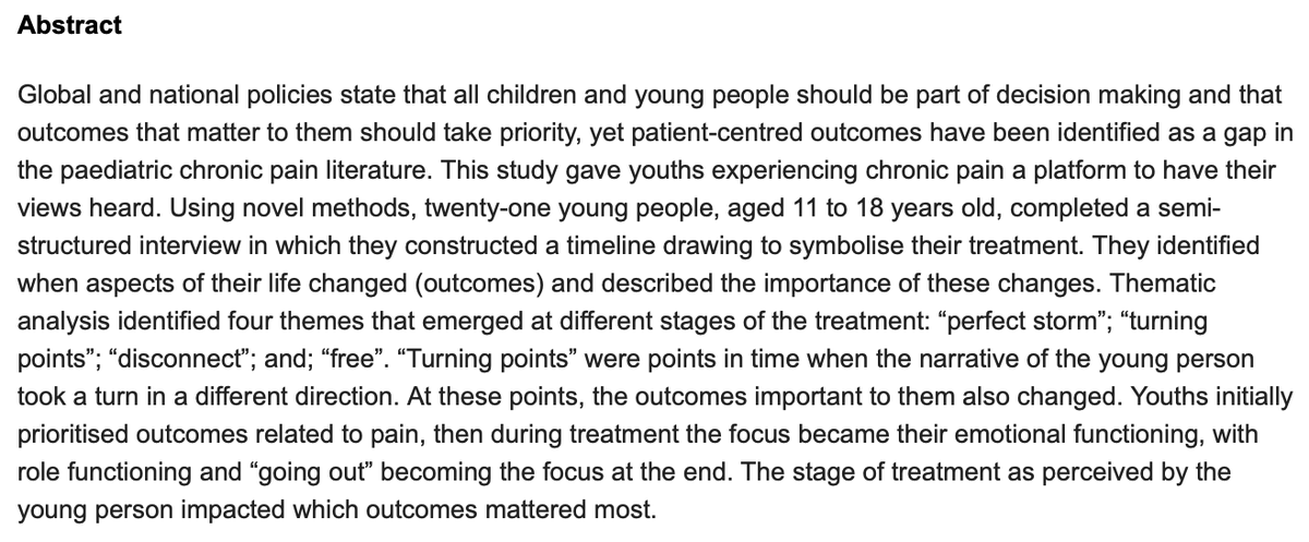 noigroup's tweet photo. "Exploring the outcomes that matter most to young people treated for chronic pain: A qualitative study" "twenty-one young people...constructed a timeline drawing to symbolise their treatment" Brilliant paper in design, execution and importance of findings https://t.co/koh9BWHnRI https://t.co/6iopc4pHKq