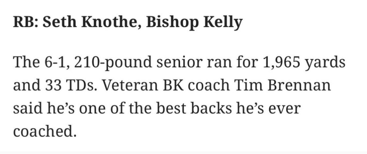 Excited to have been named 1st Team All-State for RB! <a href="/BKHSKnights/">Bishop Kelly Knights</a> <a href="/BKKnightsFB/">Bishop Kelly Football</a> <a href="/RAREAcademyID/">RARE Academy</a>