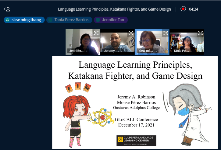 Jeremy Robinson and Tania Perez Barrios are starting their 1-hour workshop on Language Learning Principles, Katakana Fighter, and Game Design at the #glocall2021 / ##glocall2021malaysia conference, where parallel sessions are staring now. Sessions are being recorded.