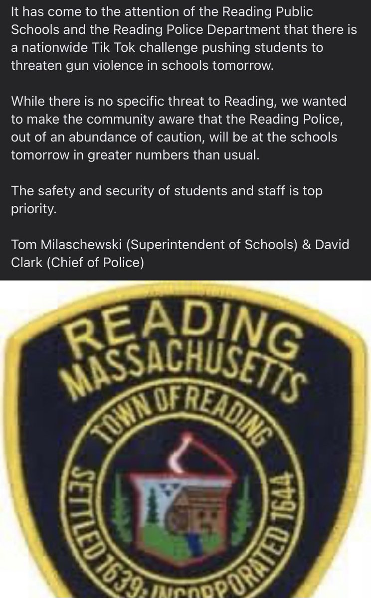 While there is no specific threat to Reading, we wanted to make the community aware - please see photo for more.