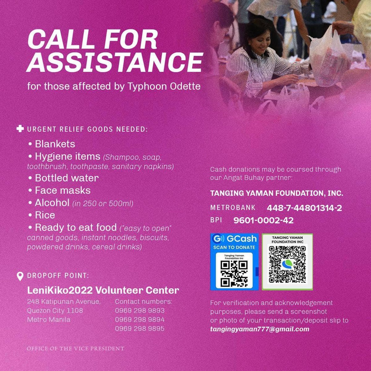 <a href="/maracepeda/">Mara Cepeda</a> Robredo's volunteer center in Katip, QC now ready to receive relief goods for #OdettePH victims. Most urgent goods needed are blankets, hygiene items, face masks, alcohol, rice, ready-to-eat food. They also accept cash donations via the Tanging Yaman Foundation Inc. | <a href="/maracepeda/">Mara Cepeda</a>