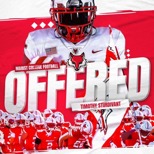Tim_Sturdivant's tweet photo. After a great conversation with @DSGBCoachCam I am honored to say that I have received my first Division 1 offer from Marist College! 🔴🦊⚪️ @TheCoachCassidy @hoyafbrecruit @RecruitGeorgia @Mansell247 https://t.co/no6JvRr4ma