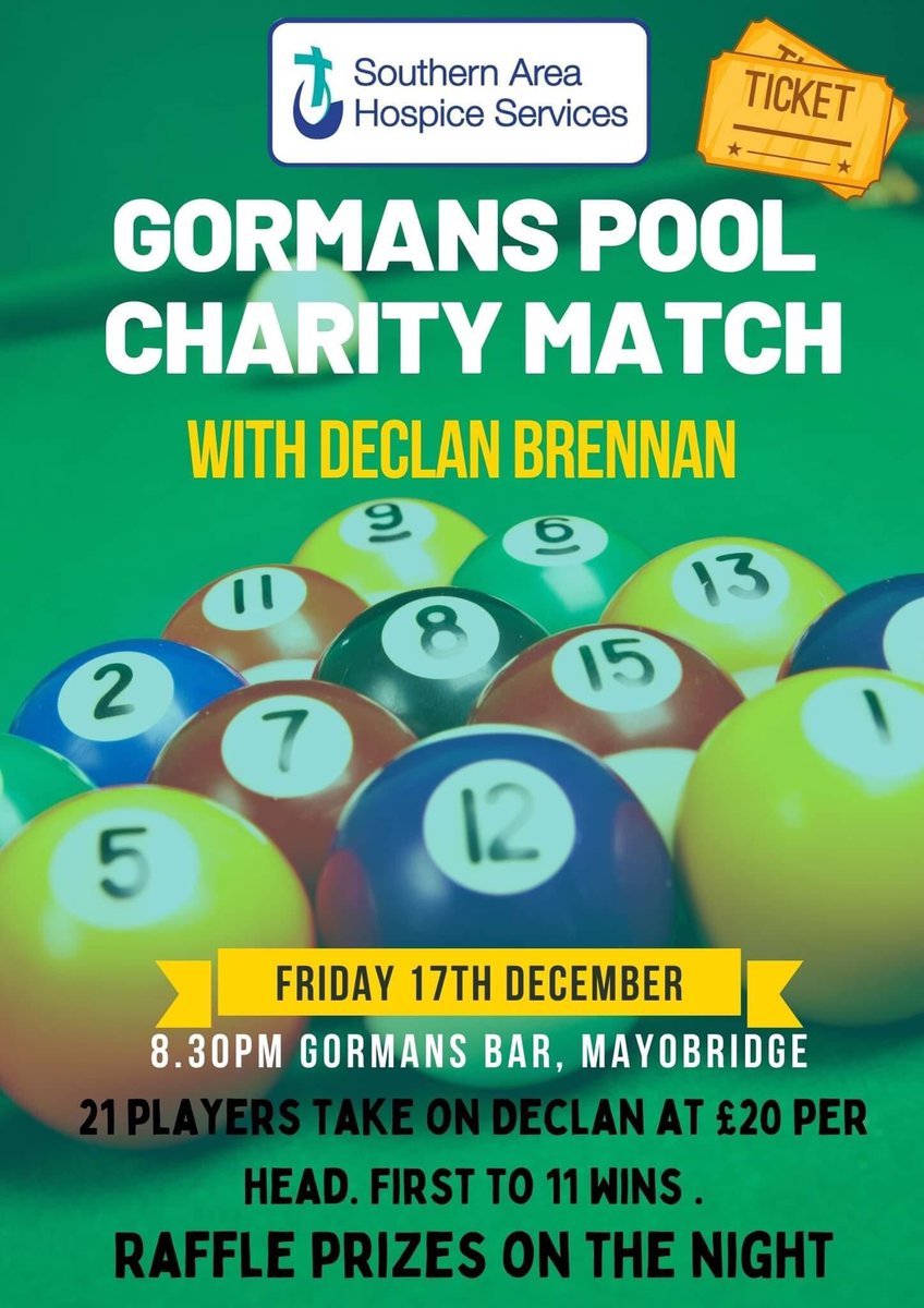 Really looking forward to this charity match later this evening in my local and sponsors <a href="/GormansB/">gormans bar</a> all proceeds going to a great charity <a href="/hospiceSAHS/">Evora Hospice (Formerly Southern Area Hospice)</a> - It’s gonna be a great nights craic! 🎱🥰  theres still a few spaces left to take me on - lets do it for the hospice! ❤️🙏🏻