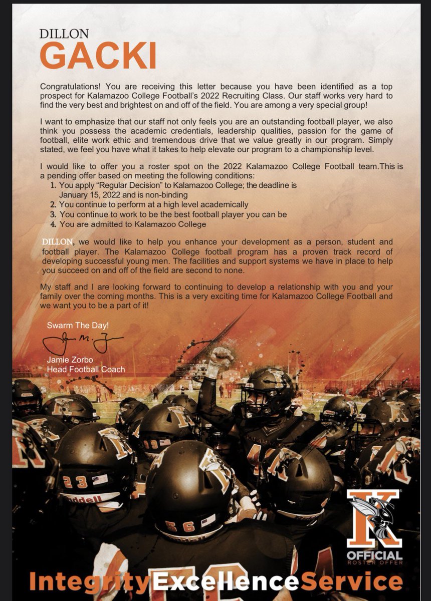 Dillon Gacki (@dillongacki) on Twitter photo After a great conversation with <a href="/CoachZorboKZOO/">Coach Zorbo</a> I am very excited to say I have received another offer to play football at the next level ! After a great conversation with <a href="/CoachZorboKZOO/">Coach Zorbo</a> I am very excited to say I have received another offer to play football at the next level !